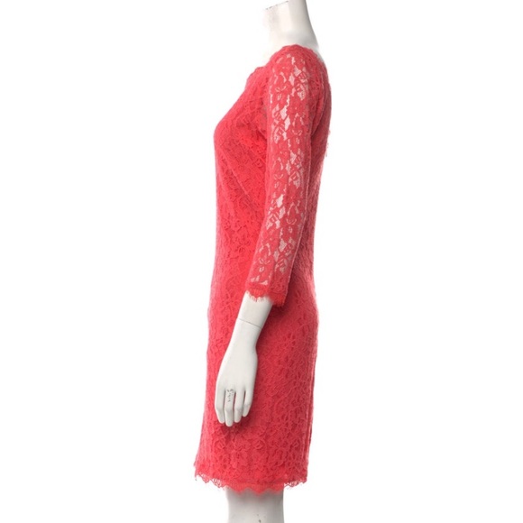 Diane von Furstenberg DVF Zarita Lace Pattern Hot Coral Mini Sheath Dress Size 8 - Picture 3 of 6